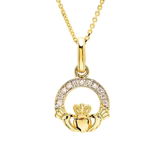 14kt Yellow Gold Lab Grown Diamond Claddagh Small Necklace