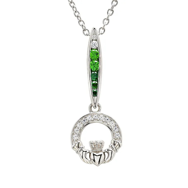 Claddagh Necklace with Green and White CZ