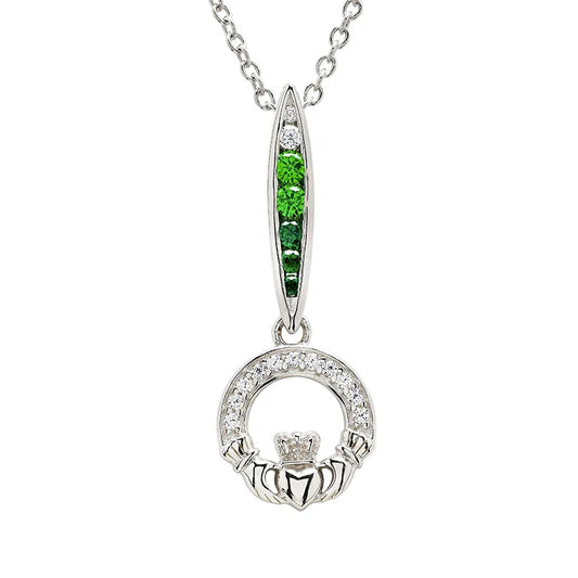 Claddagh Necklace with Green and White CZ