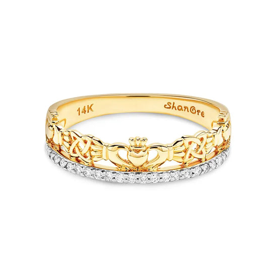 14kt Gold Yellow Claddagh Ring with Lab Diamonds Border