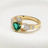 14kt Yellow Gold Claddagh Ring Emerald Heart and Lab Diamonds