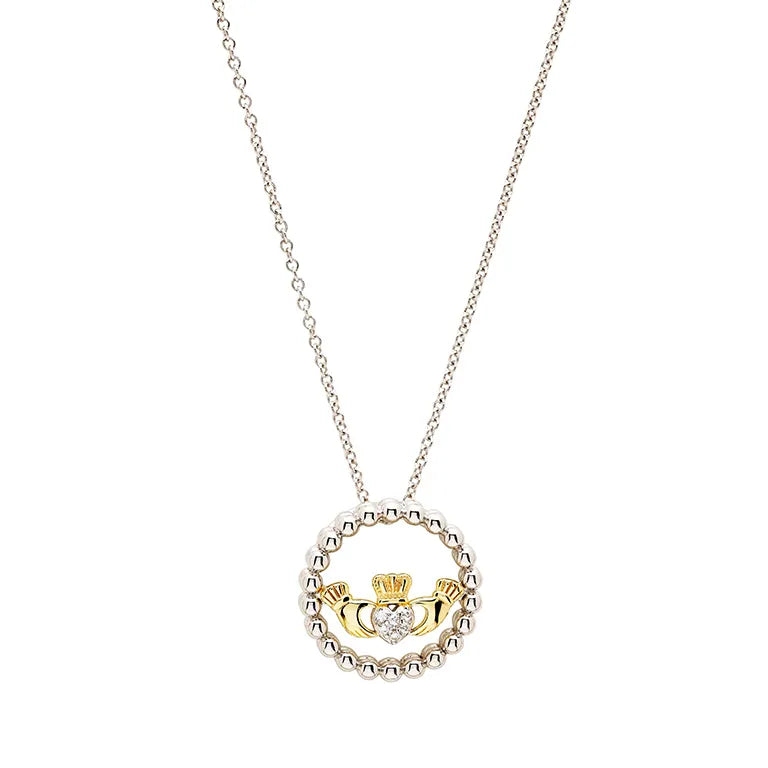 Sterling Silver CZ Claddagh Necklace with Gold Plated Detail