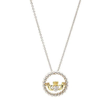 Sterling Silver CZ Claddagh Necklace with Gold Plated Detail