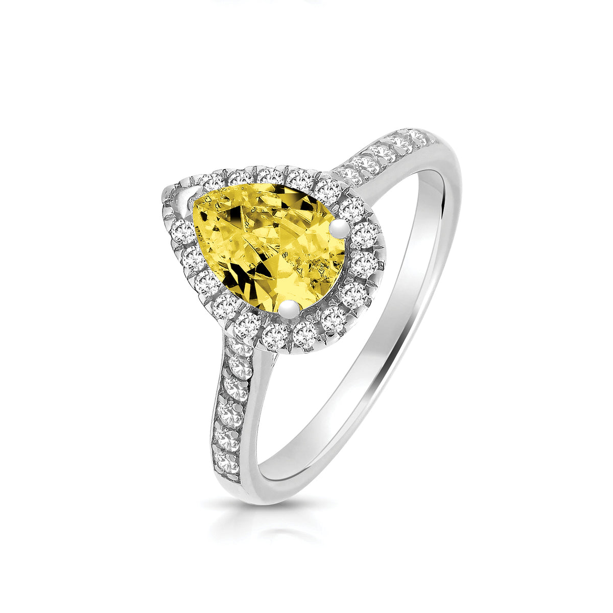 Sterling Silver Claw Set Pear Shape Halo Style Yellow CZ Ring