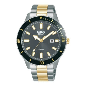 LORUS GENTS SOLAR BLACK DIAL STAINLESS STEEL GOLD AND SILVER STRAP WATCH