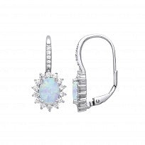 Sterling Silver CZ & Opal Cluster Oval Drop Earrings