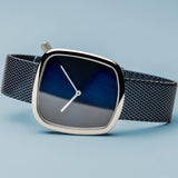 Bering Pebble Classic Polished Silver Ladies Blue Sapphire Milanese Bracelet Watch