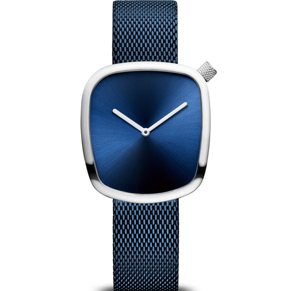 Bering Pebble Classic Polished Silver Ladies Blue Sapphire Milanese Bracelet Watch