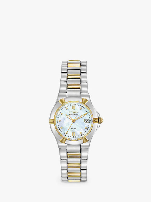 Citizen Ladies Eco-Drive Mother of Pearl Two Tone Bracelet Strap Watch, Silver/Gold
