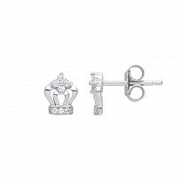 Silver CZ Princess Crown Stud Earrings