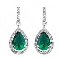 Sterling Silver CZ Emerald MicroPave Border Pear Shape Drop Earrings