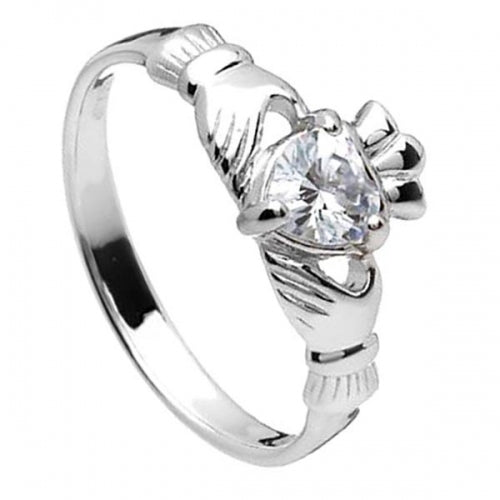 Sterling Silver Claddagh Birthstone Ring (April)