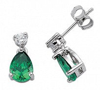 Silver CZ Emerald Pear Drop Earrings