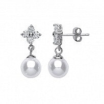 Silver CZ & Pearl Flower Drop Earrings