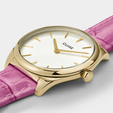 Cluse Féroce Petite Leather Croco Pink, Gold Colour Strap Watch
