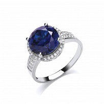 Sterling Silver CZ Round Creative Sapphire Ring With Pave Shoulders