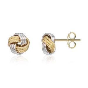 18CT Two Tone Yellow/ White Gold Polished & Textured Knot Stud Earrings 10mm