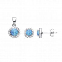 Silver CZ & Blue Opal Cluster Earring Stud & Pendant Set