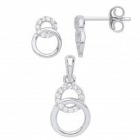 Silver CZ Interlocking Double Circle Earring & Pendant Set