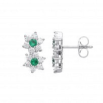 Silver CZ & Emerald Double Flower Stud Earrings