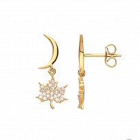 Silver Gold Plated CZ Leaf & Moon Drop Earrings