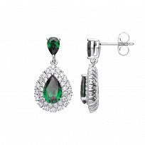 Silver CZ & Emerald Fancy Pear Drop Earrings