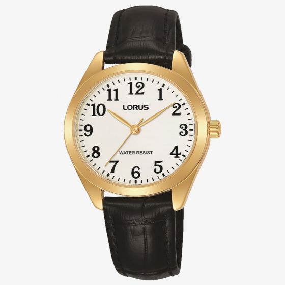 Lorus Ladies Gold Tone Case Black Leather Strap Watch