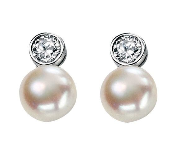 Silver Freshwater Pearl CZ Earrings