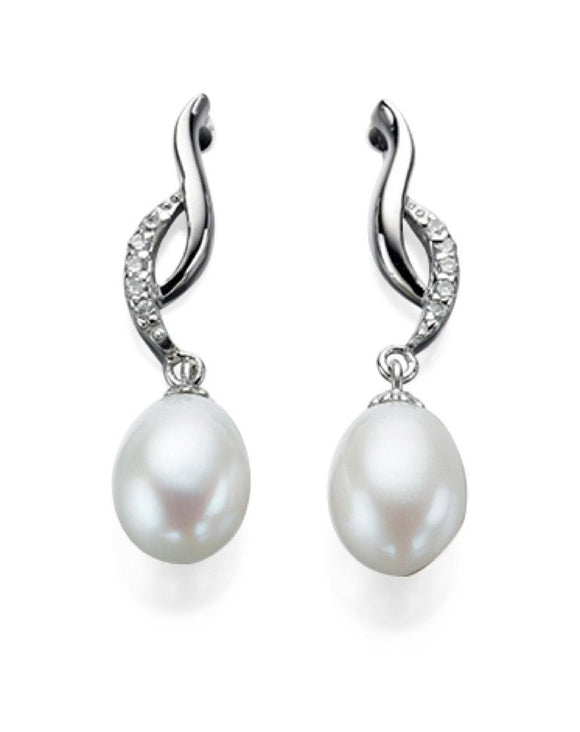 Silver Freshwater Pearl CZ Twist Drop Earrings