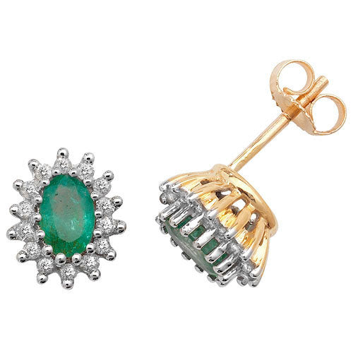 9ct Yellow Gold Emerald & Diamond Cluster Earrings