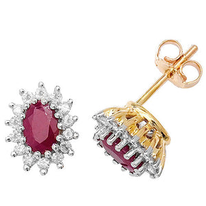 9ct Yellow Gold Ruby & Diamond Cluster Stud Earrings