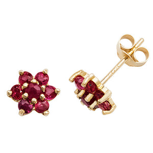 9ct Yellow Gold Ruby Cluster Stud Earring