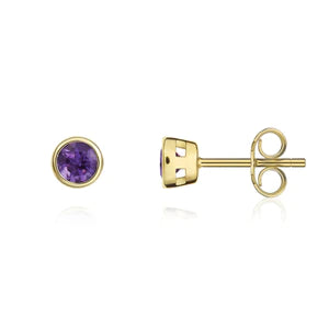 9CT Yellow Gold Round Amethyst Rubover Stud Earrings 3mm