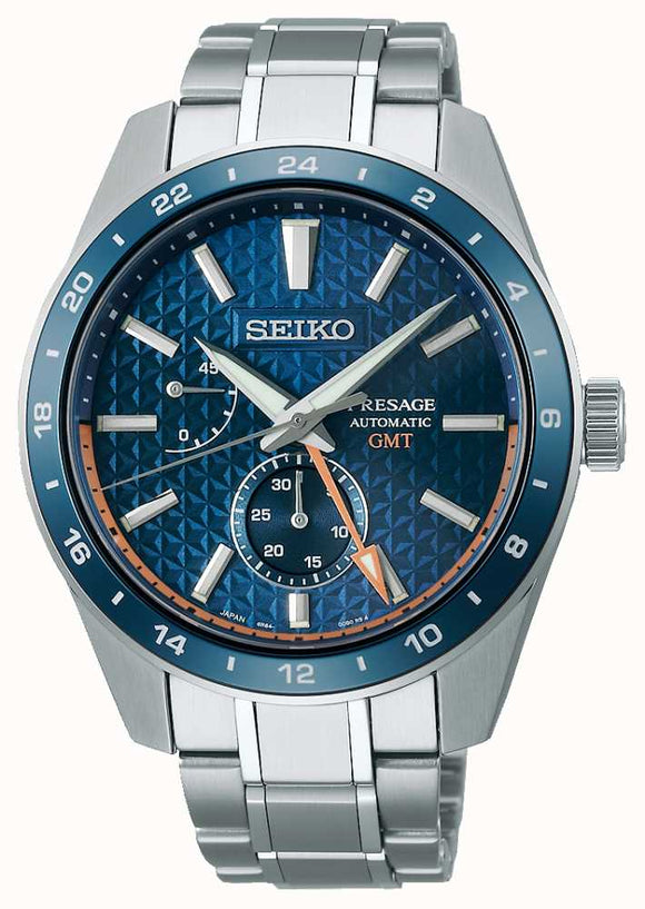 Seiko Presage Sharp Edged GMT Blue Dial Gents Bracelet Watch