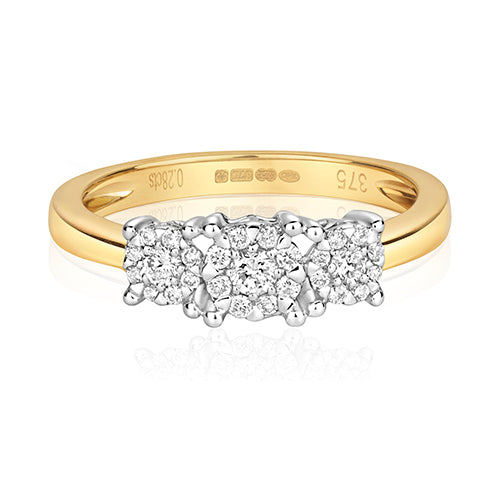9ct Yellow Gold 3 Stone Diamond Cluster Ring