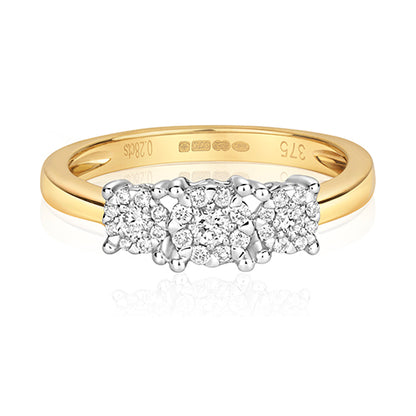 9ct Yellow Gold 3 Stone Diamond Cluster Ring