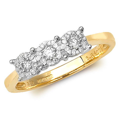 9ct Yellow Gold 3 Stone Diamond Cluster Ring
