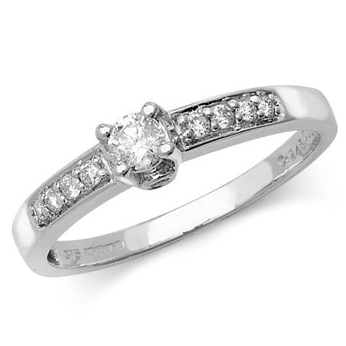 9ct White Gold Diamond Solitaire Ring With Diamonds On Each Shoulder