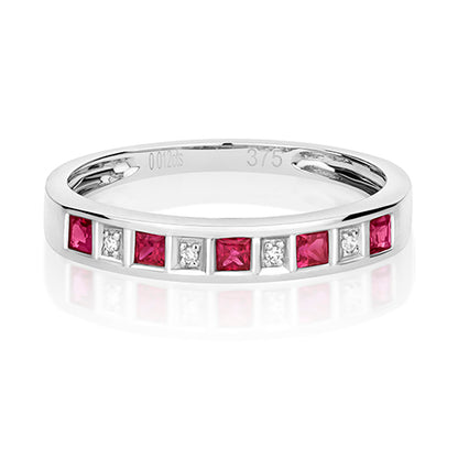 9ct White Gold Ruby & Diamond 9 Stone Eternity Ring