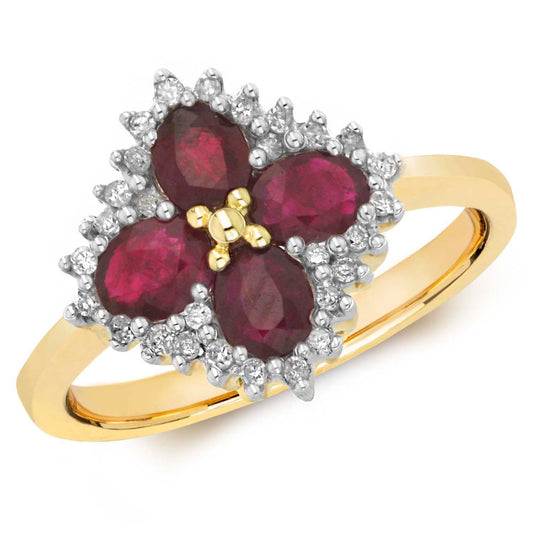 9ct Yellow Gold Ruby & Diamond Cluster Ring