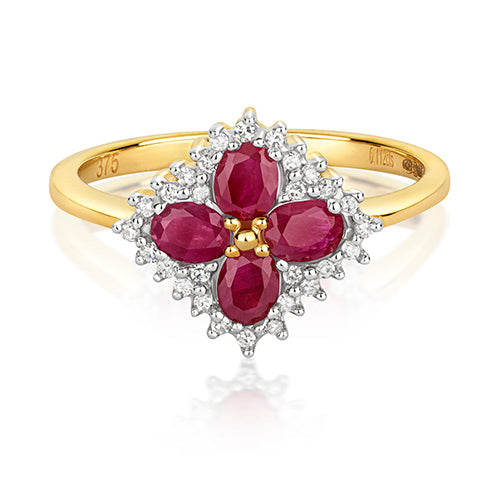 9ct Yellow Gold Ruby & Diamond Cluster Ring
