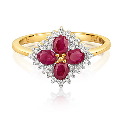 9ct Yellow Gold Ruby & Diamond Cluster Ring