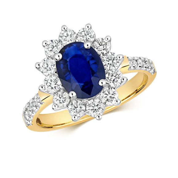 9ct Yellow Gold Oval Sapphire & Diamond Cluster Ring With Diamond Set Shoulders