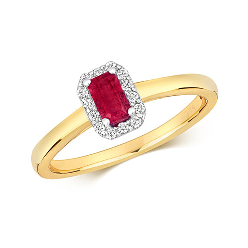 9ct Yellow Gold Octagon Ruby & Diamond Cluster Dress Ring
