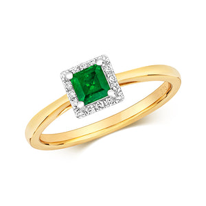 9ct Yellow Gold Square Emerald & Diamond Dress Ring