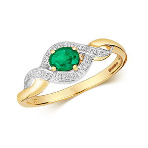 9ct Yellow Gold Oval Emerald & Diamond Dress Ring