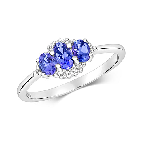 9ct White Gold 3 Oval Tanzanite & Diamond Dress Ring