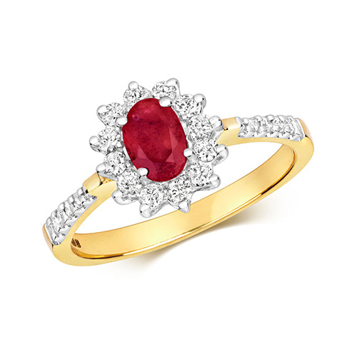9ct Yellow Gold Ruby & Diamond Cluster Ring