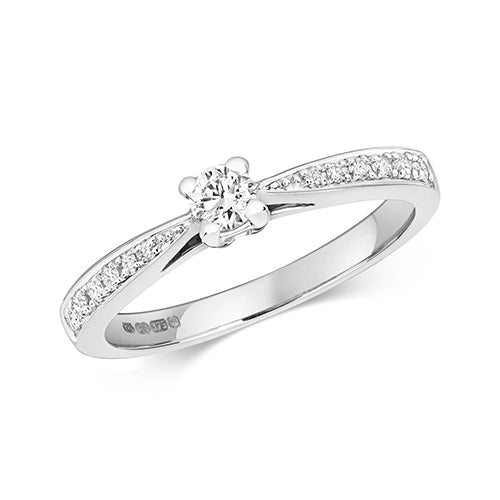 9ct White Gold Diamond Solitaire Ring With Diamonds On Each Shoulder