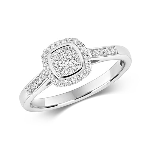 9ct White Gold Diamond Cushion Shape Cluster Ring